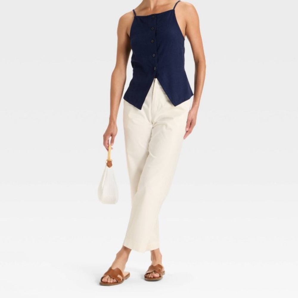 Navy Linen Blend Button Front Vest - Picture 3 of 5